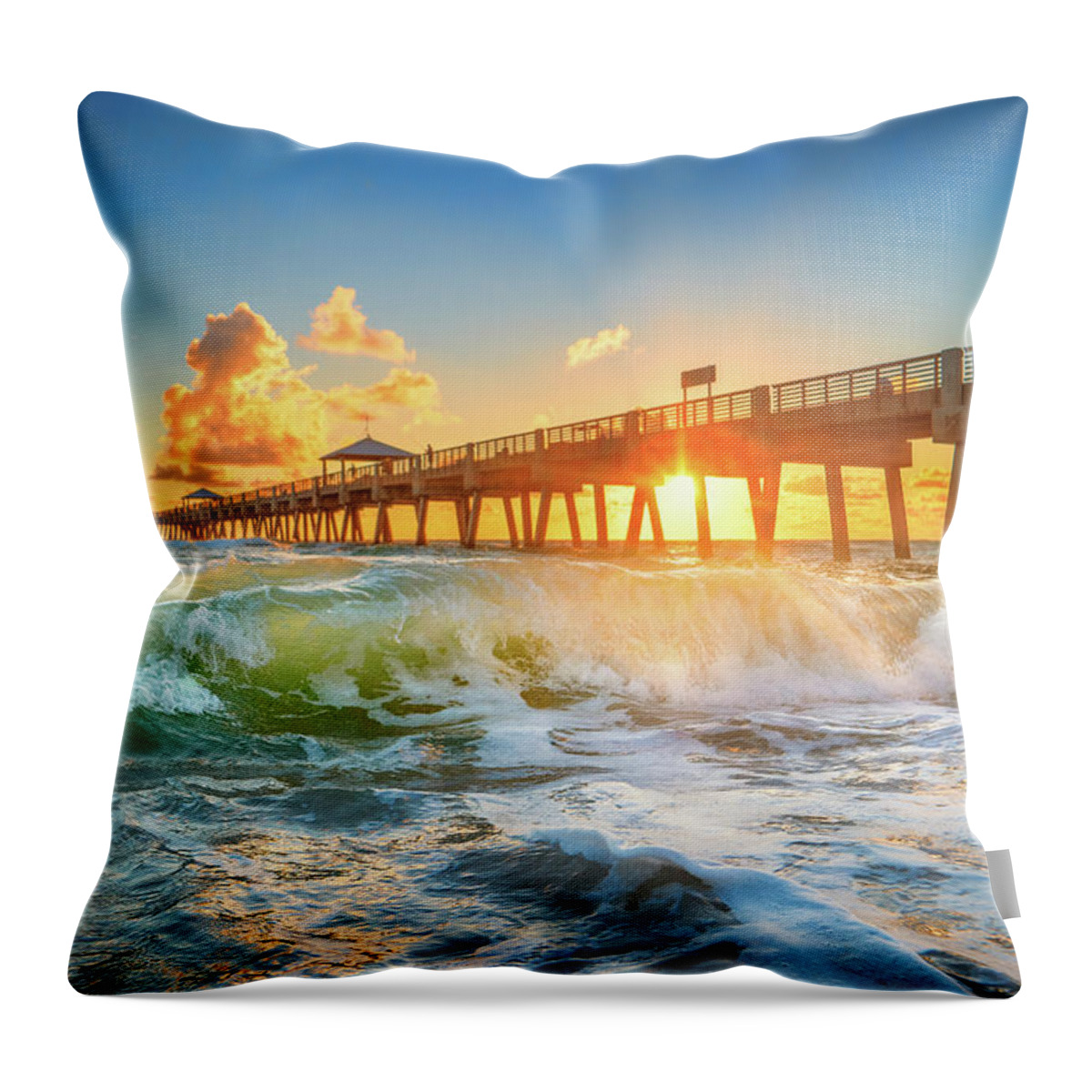 Juno Beach Pier Throw Pillow featuring the photograph Juno Beach Pier Wave by Kim Seng