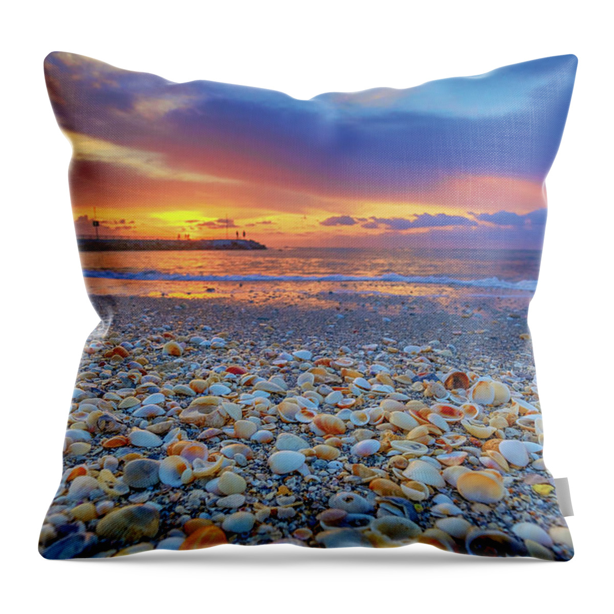 Jupiter Inlet Throw Pillow featuring the photograph Jupiter Inlet Seashells Sunrise at the Jetty by Kim Seng