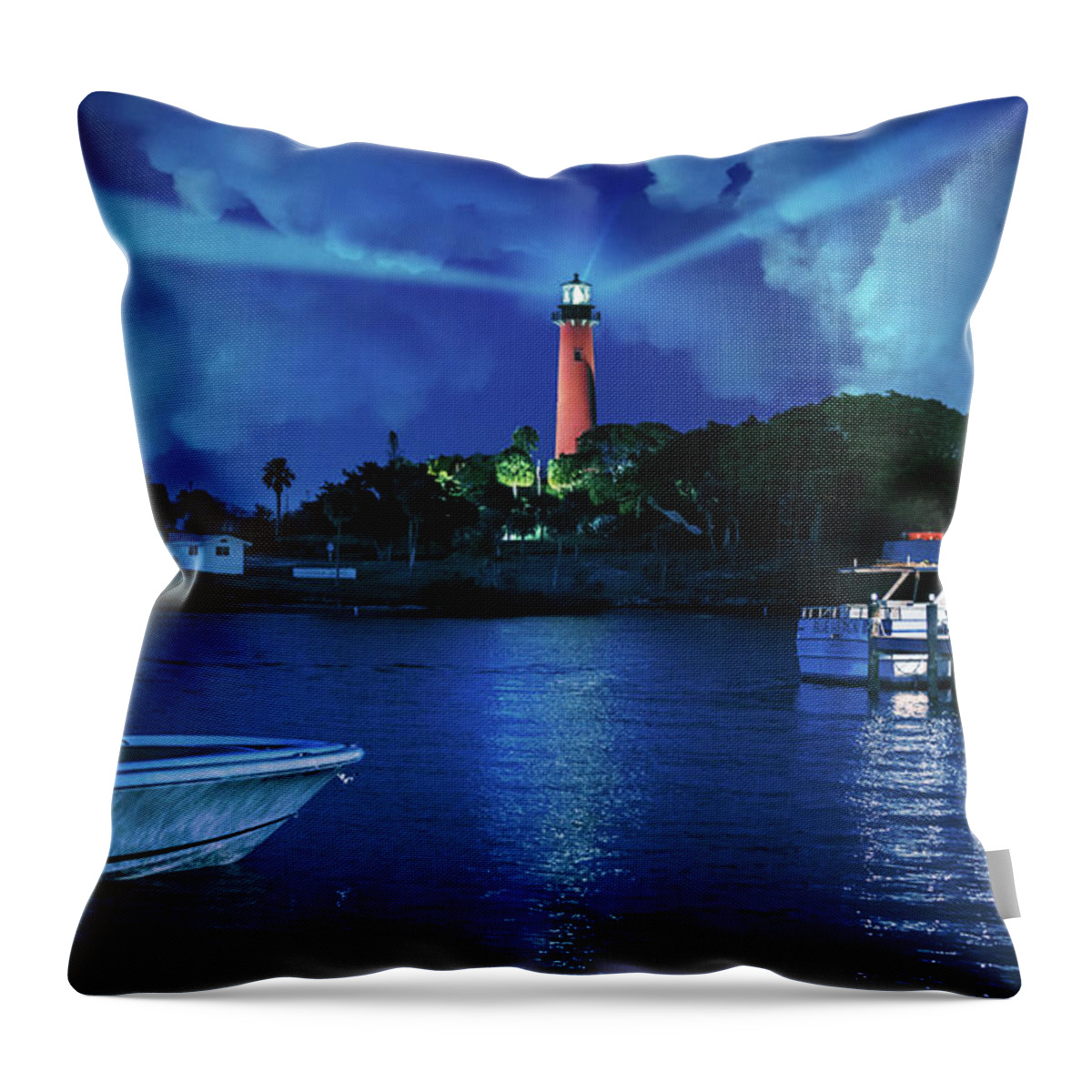 Jupiter Lighthouse Throw Pillow featuring the photograph Jupiter Lighthouse at Night by Laura Fasulo