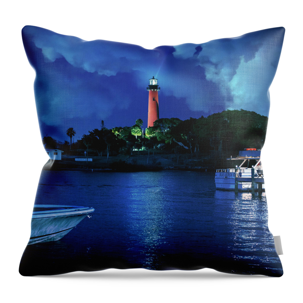 Jupiter Lighthouse Throw Pillow featuring the photograph Jupiter Lighthouse Night Square by Laura Fasulo