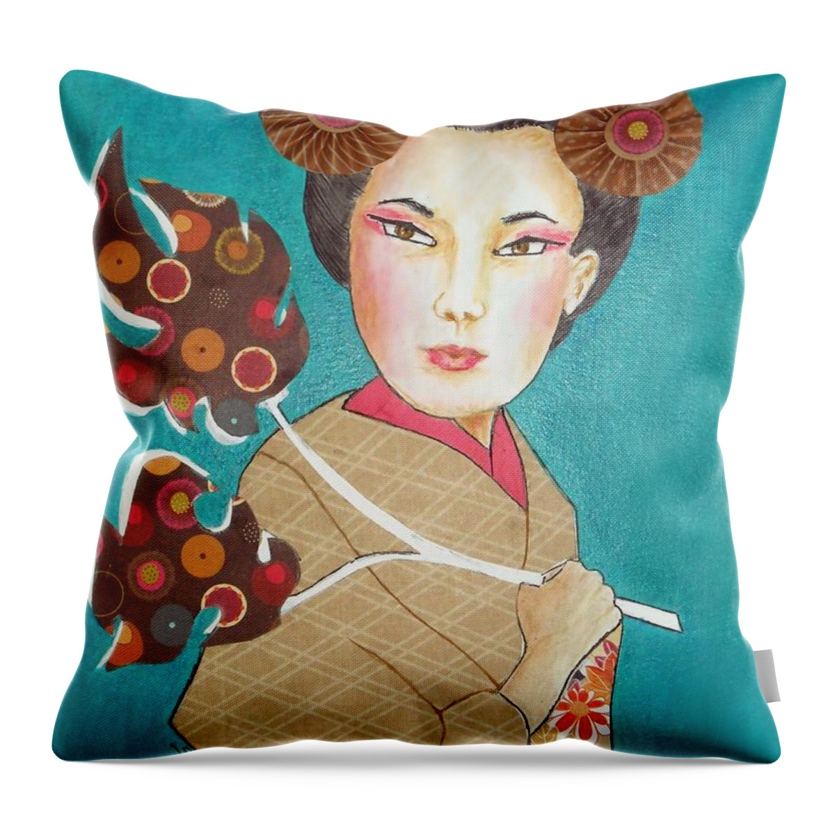 Japanese Girl Throw Pillow featuring the mixed media Kaede by Jayne Somogy