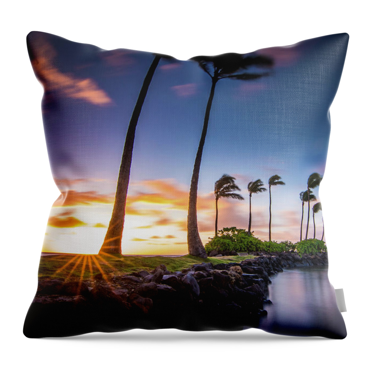Sunrise Throw Pillow featuring the photograph Kahala Sunburst by Larkin's Balcony Photography