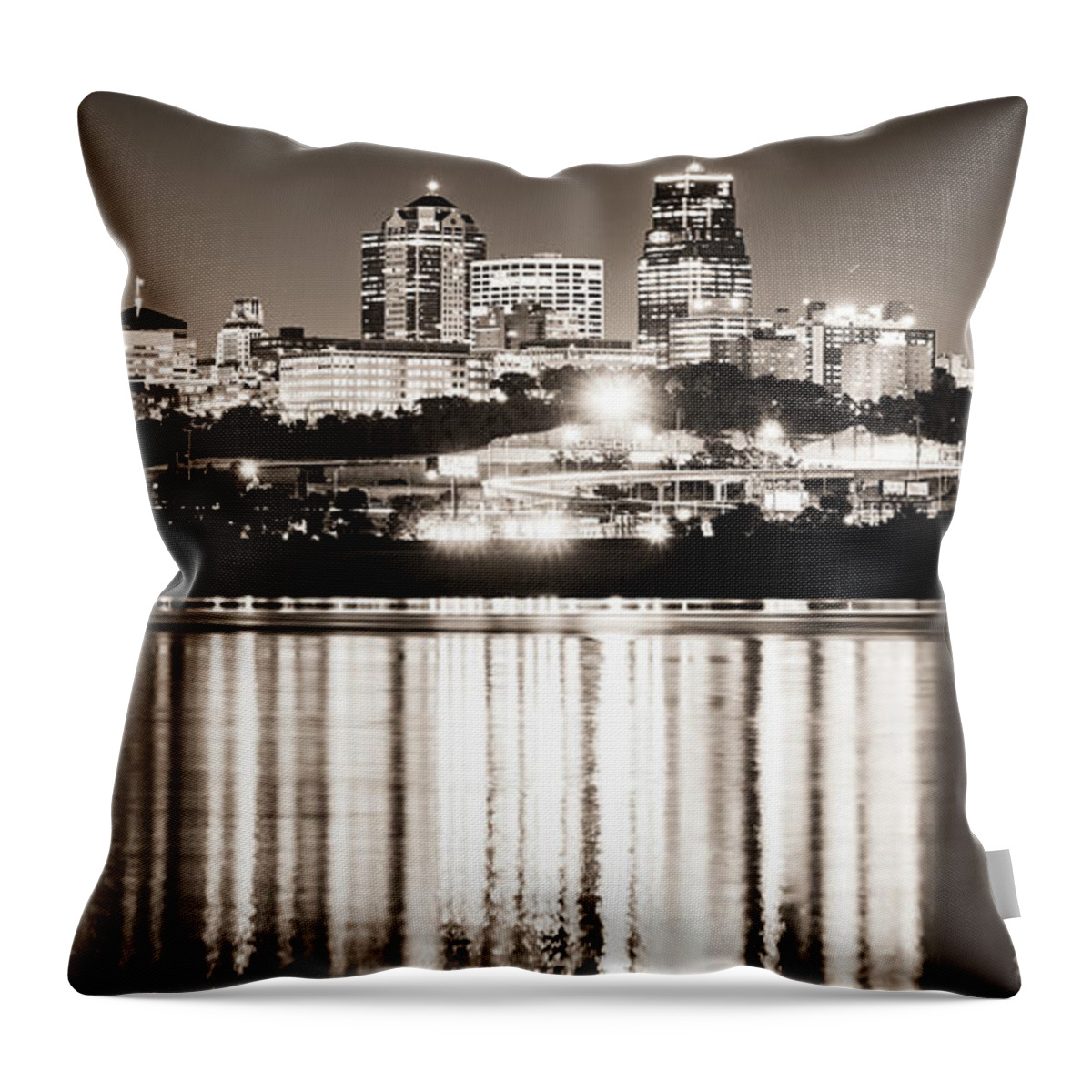 Kc Skyline Throw Pillow featuring the photograph Kansas City Evening Skyline Panorama Over The River - Classic Sepia Edition by Gregory Ballos