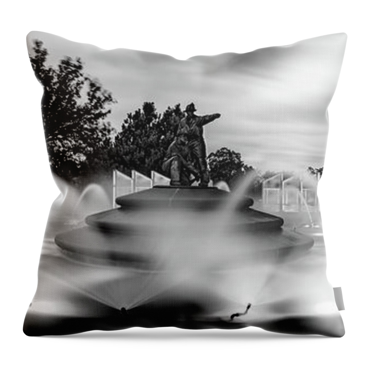 Kansas City Throw Pillow featuring the photograph Kansas City Firefighter Fountain Panorama in Black and White by Gregory Ballos