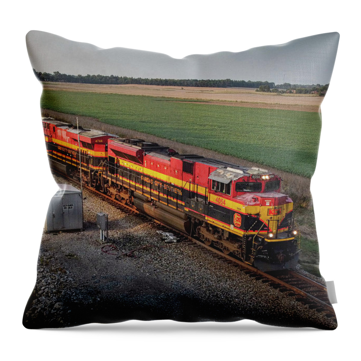 Railroad Throw Pillow featuring the photograph Kansas City Southern 4054 and 4744 lead loaded ethanol train by Jim Pearson