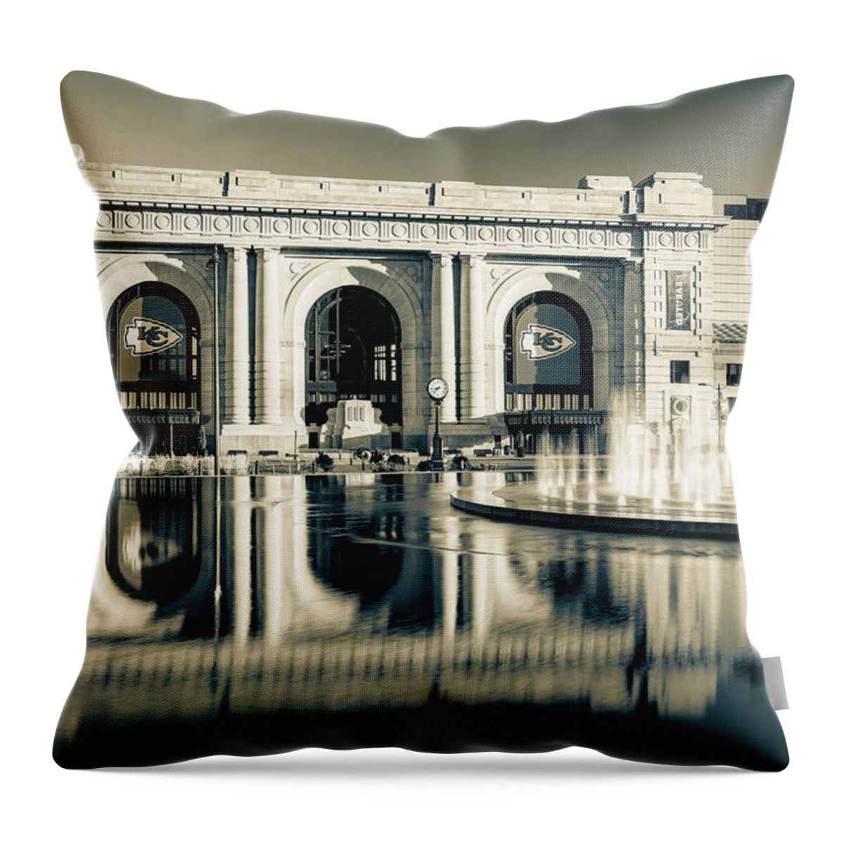 Kansas City Chiefs Throw Pillow featuring the photograph Kansas City Union Station Ready For Football Season in Sepia by Gregory Ballos