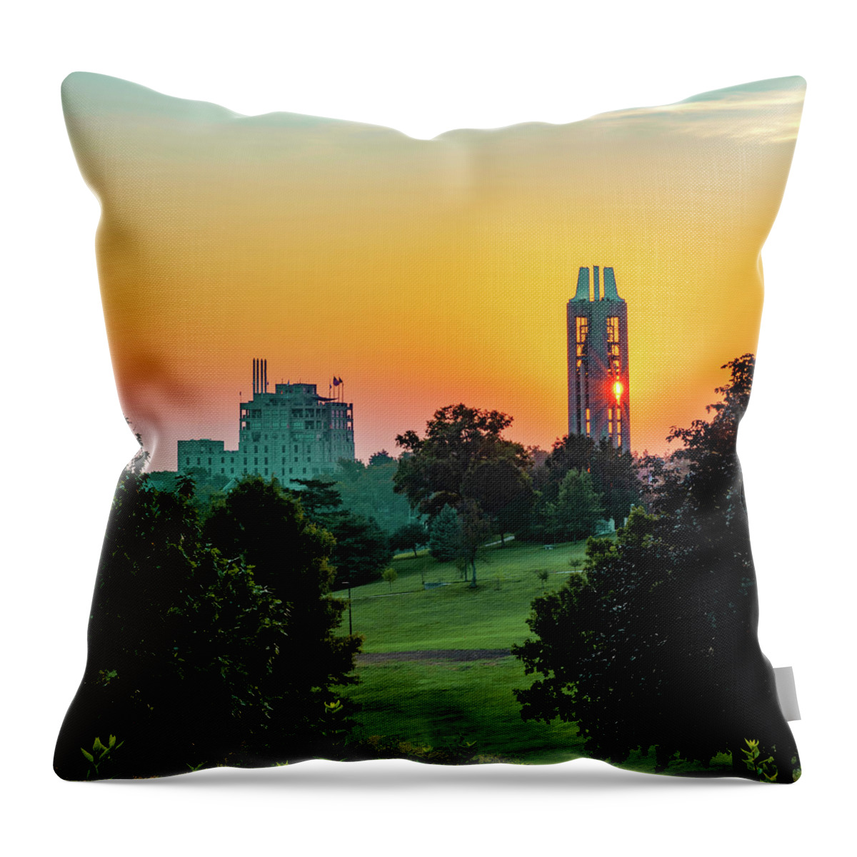 University Of Kansas Throw Pillow featuring the photograph Kansas University Campanile and Mt. Oread Over Kaw Valley Sunrise by Gregory Ballos