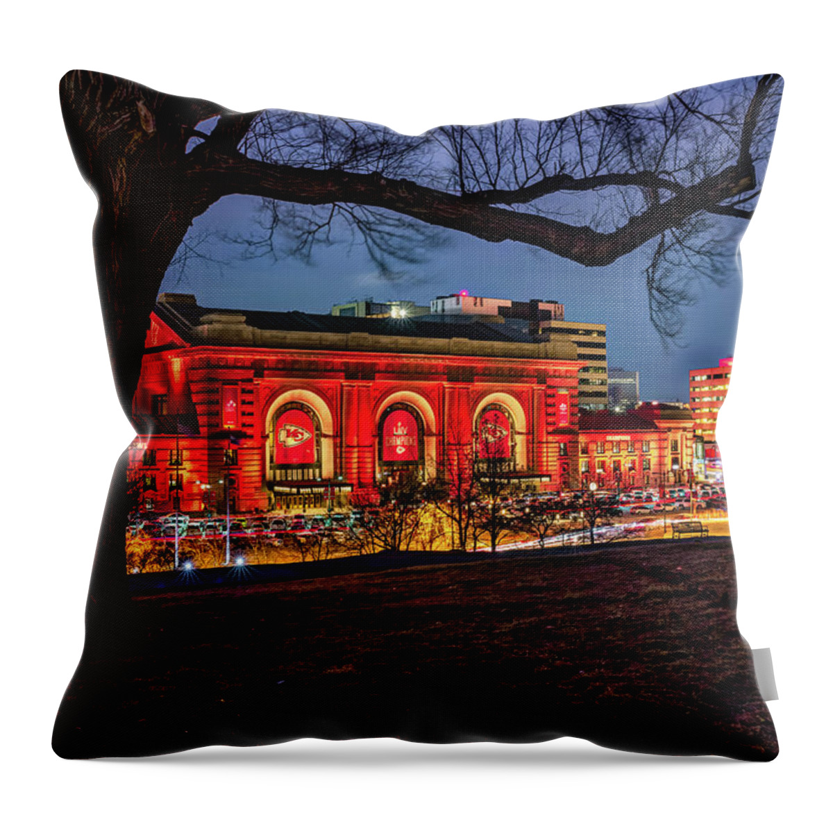 Kansas City Chiefs Throw Pillow featuring the photograph KC Union Station in Red and Gold In Honor of the World Champions by Gregory Ballos