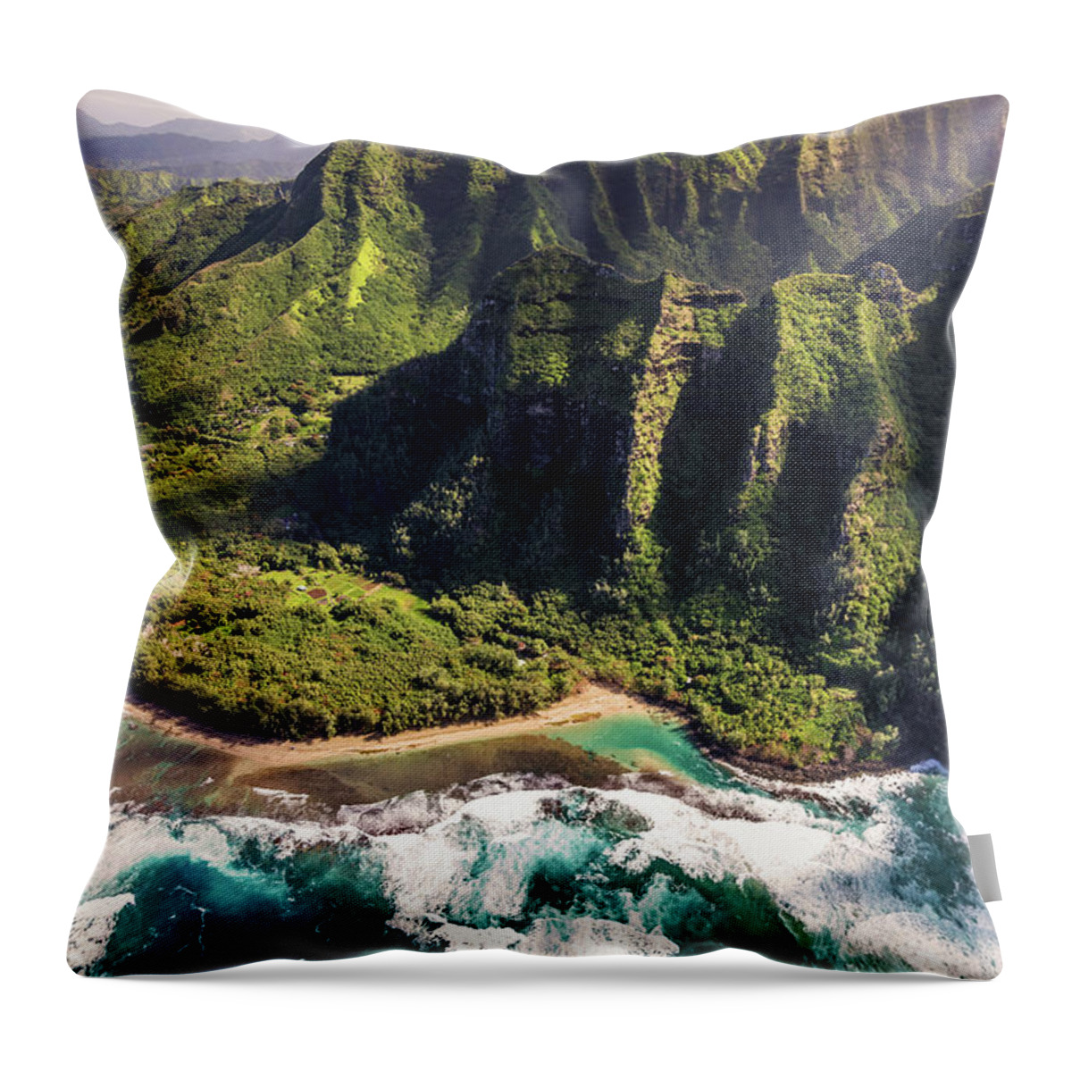 Kauai Throw Pillow featuring the photograph Ke'e Beach from a doors off helicopter tour by Pierre Leclerc Photography