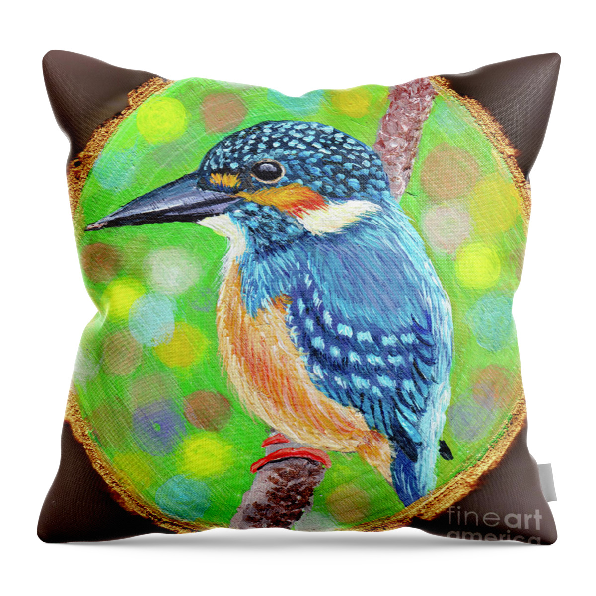 Acrylic Throw Pillow featuring the painting Kingfisher Ornament by Sudakshina Bhattacharya