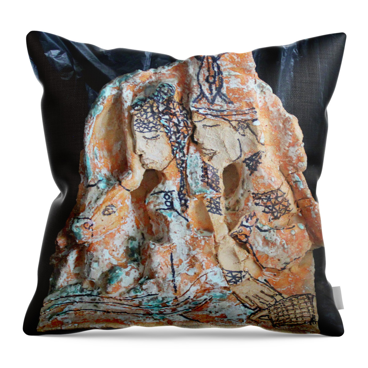 Jesus Throw Pillow featuring the ceramic art Kintu and Nambi The Journey Nambi Looks Back by Gloria Ssali
