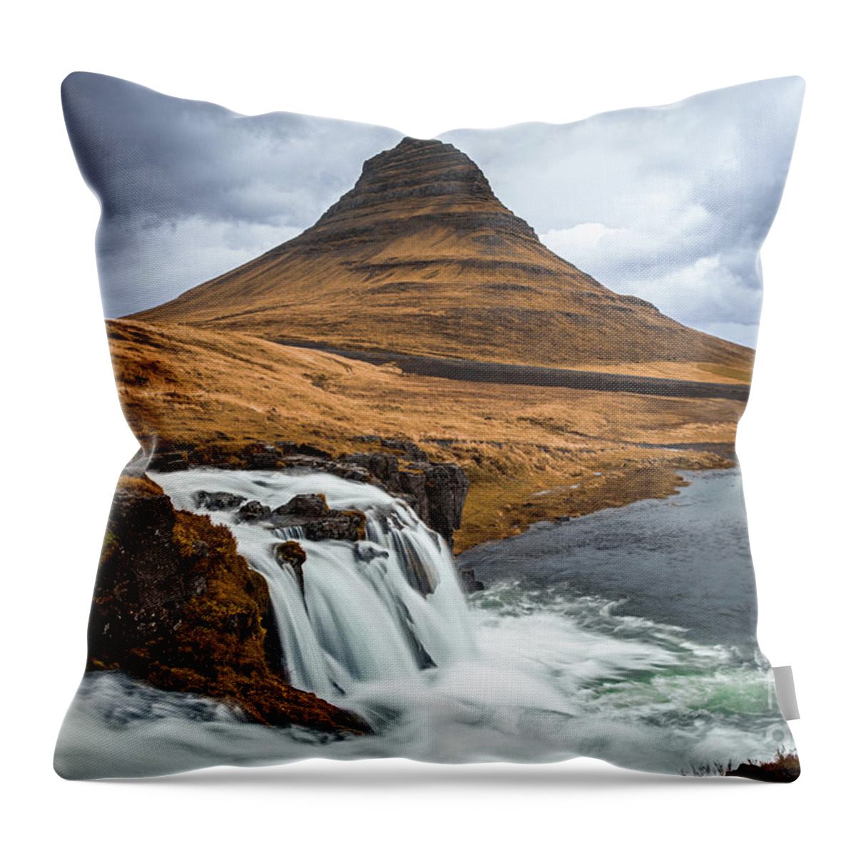 Iceland Throw Pillow featuring the photograph Kirkjufell mountain and Kirkjufellfoss waterfall, Snaefellsnes peninsula, Iceland. Long exposure shot in autumn. by Jane Rix