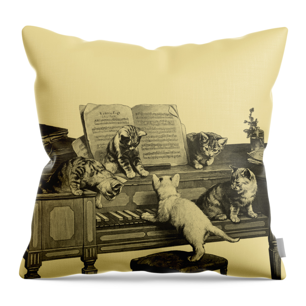 Kitten Throw Pillow featuring the digital art Kittens And Piano by Madame Memento