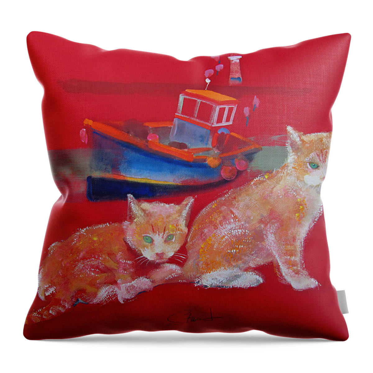 Kittens Throw Pillow featuring the painting Kittens With Boat by Charles Stuart