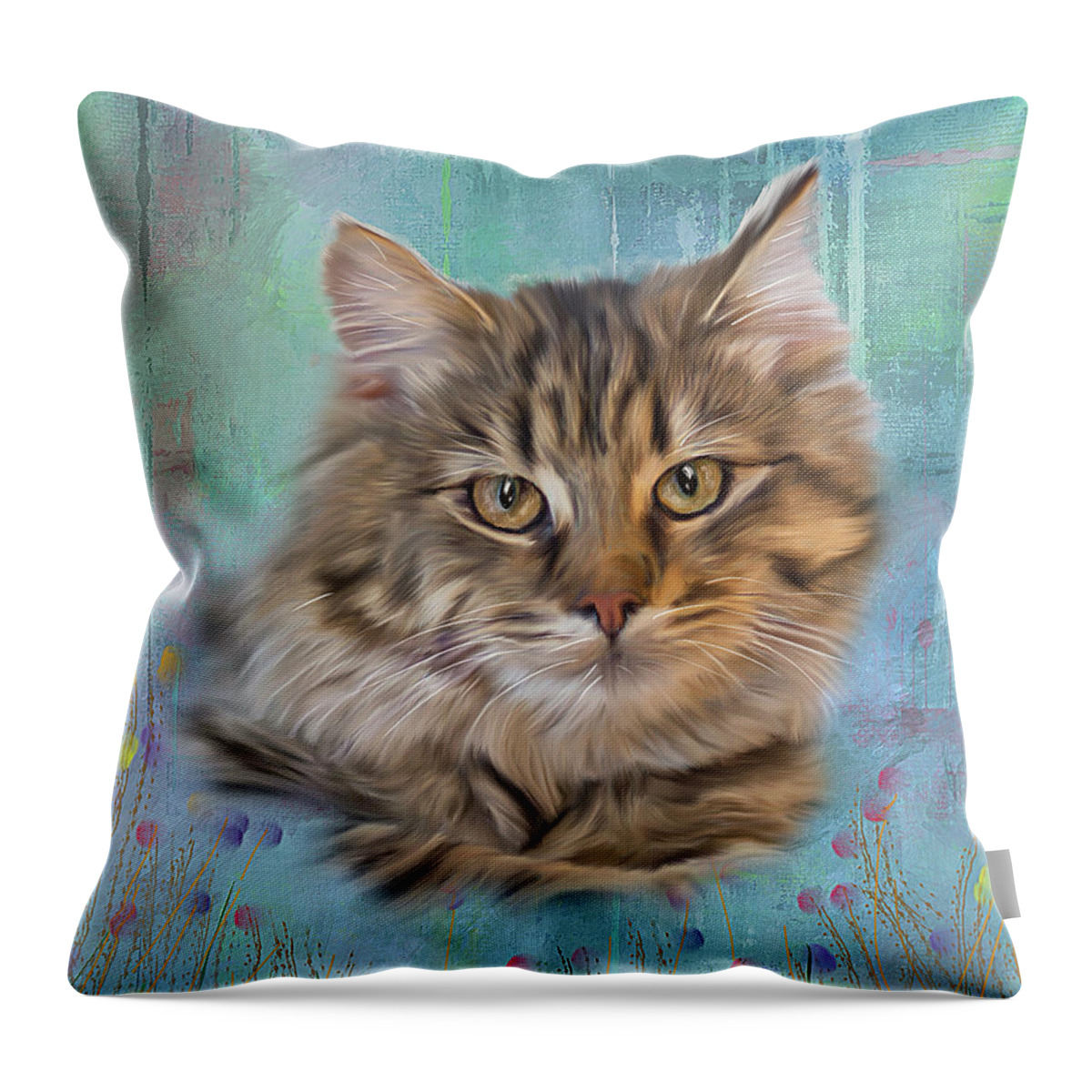 Tiger Kitty Throw Pillow featuring the digital art Kitty in Flower Field by Mary Timman