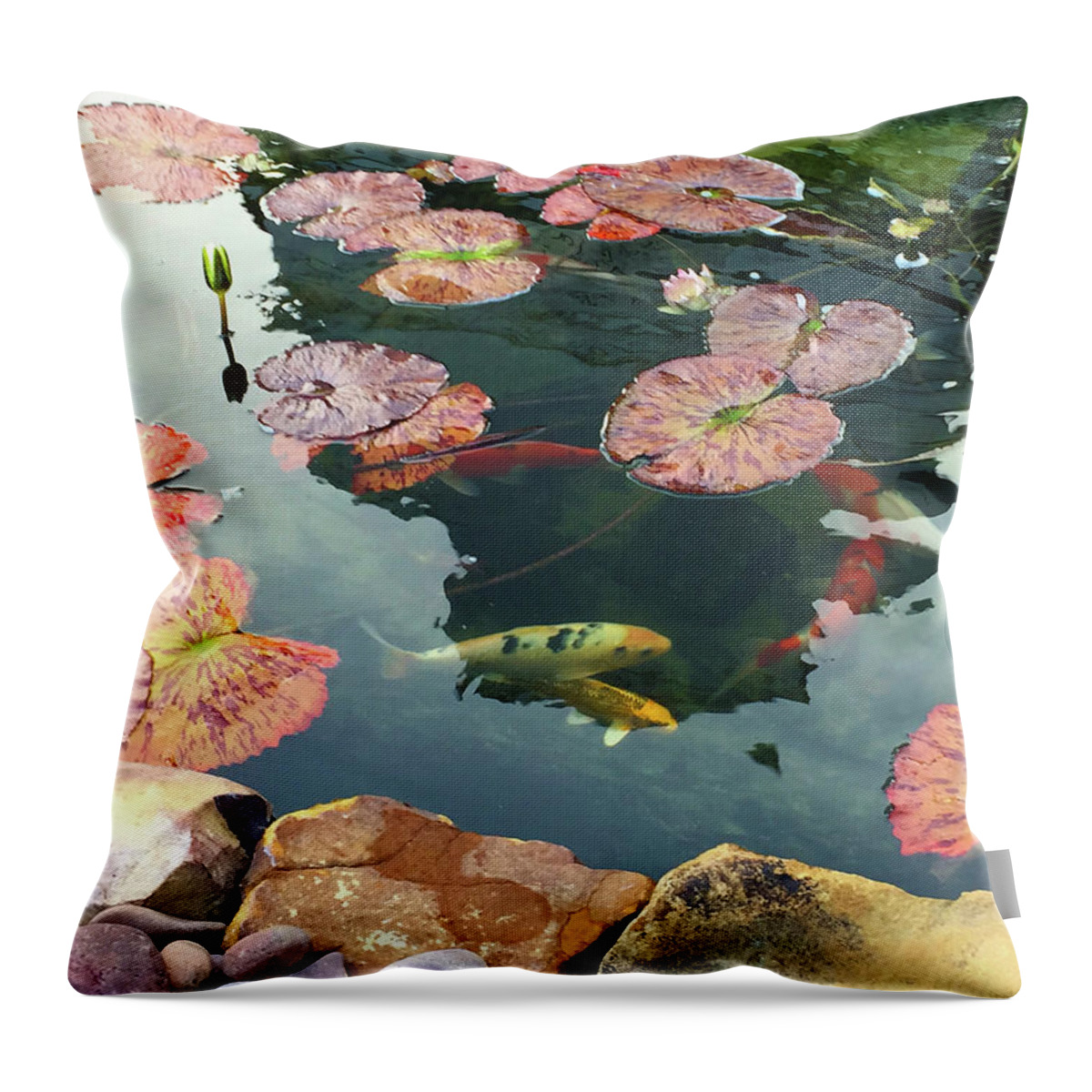 Koi Pond Throw Pillow featuring the photograph Koi and Waterlily Pads by Karen Zuk Rosenblatt
