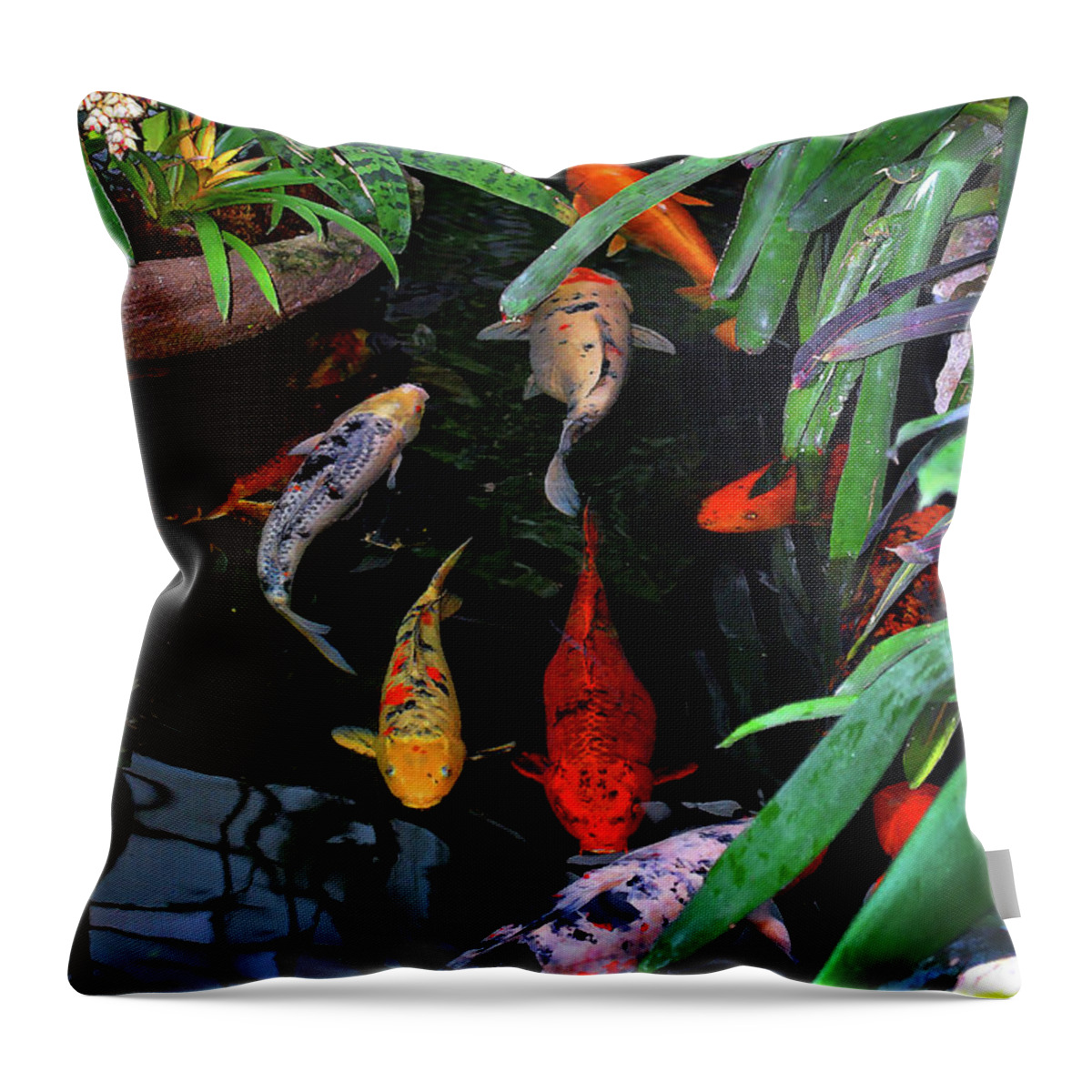 Koi Throw Pillow featuring the photograph Koi Pond Painting by Nancy Mueller