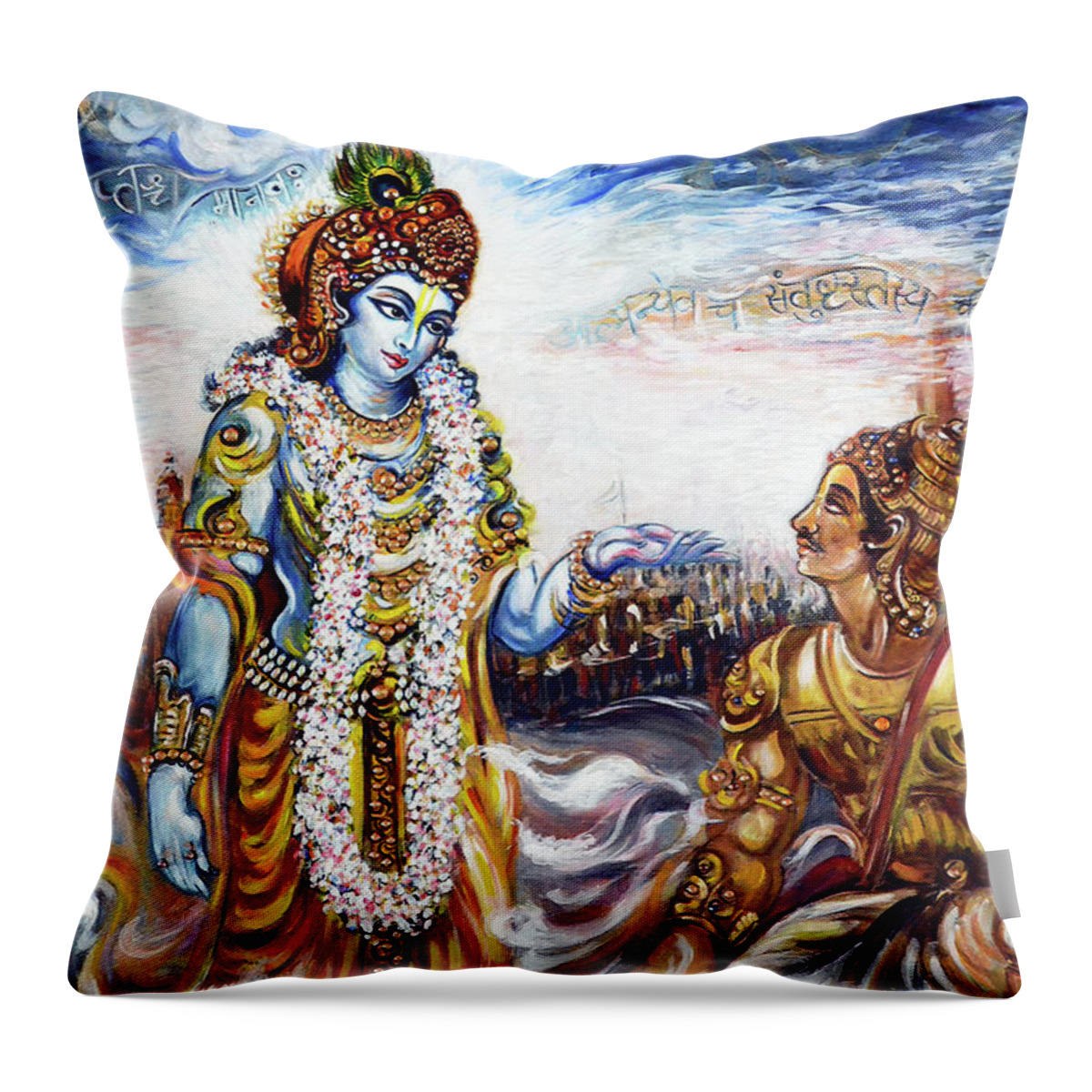 Krishna Throw Pillow featuring the painting Krishna - Arjuna - Bhagwat Geeta by Harsh Malik