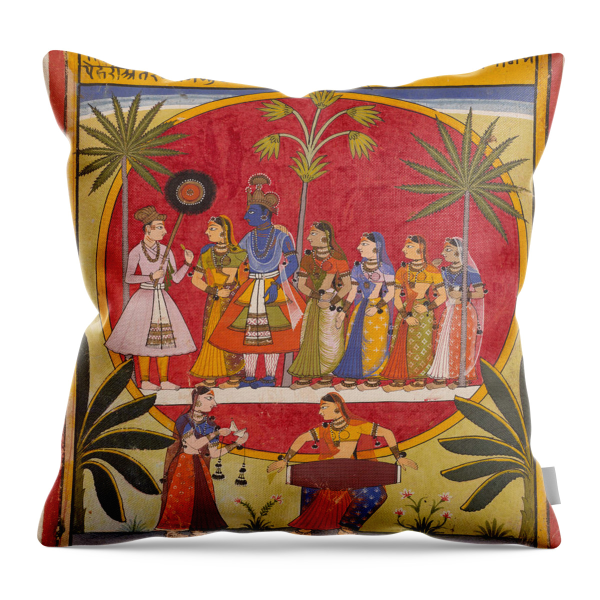 Unknown Artist Throw Pillow featuring the painting Krishna Radha and the Gopis with a Young Prince by Unknown Artist