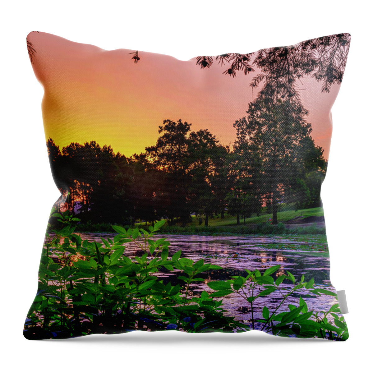 Lawrence Kansas Throw Pillow featuring the photograph A Campanile Sunrise Over Potter Lake - Lawrence Kansas by Gregory Ballos