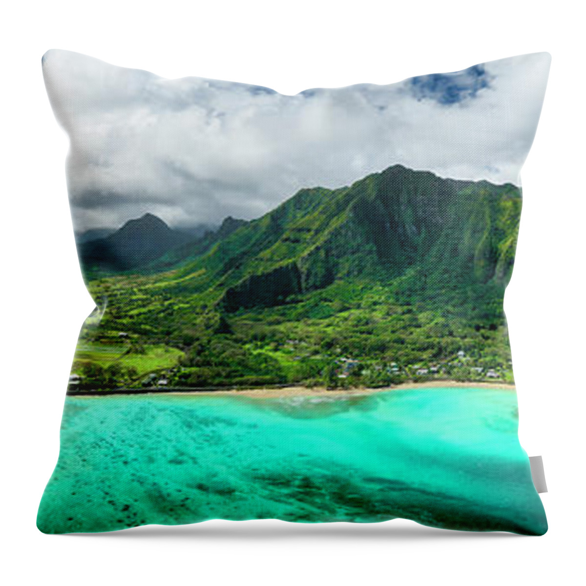 Panorama Of East Side Oahu Mountains Throw Pillow featuring the photograph Kualoa Ranch Hawaii by Leonardo Dale