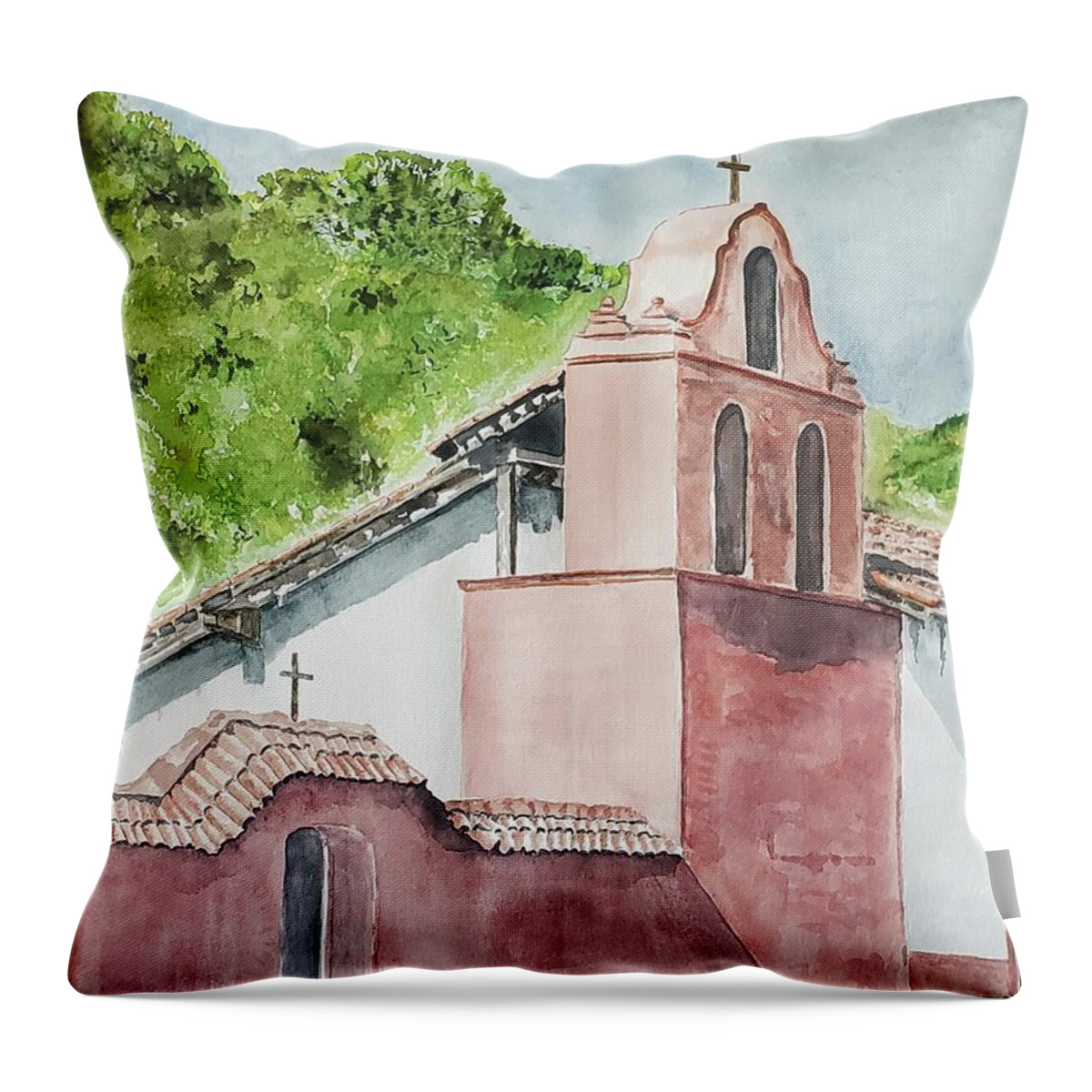 La Purisima Mission Throw Pillow featuring the painting La Purisima Mission V by Claudette Carlton