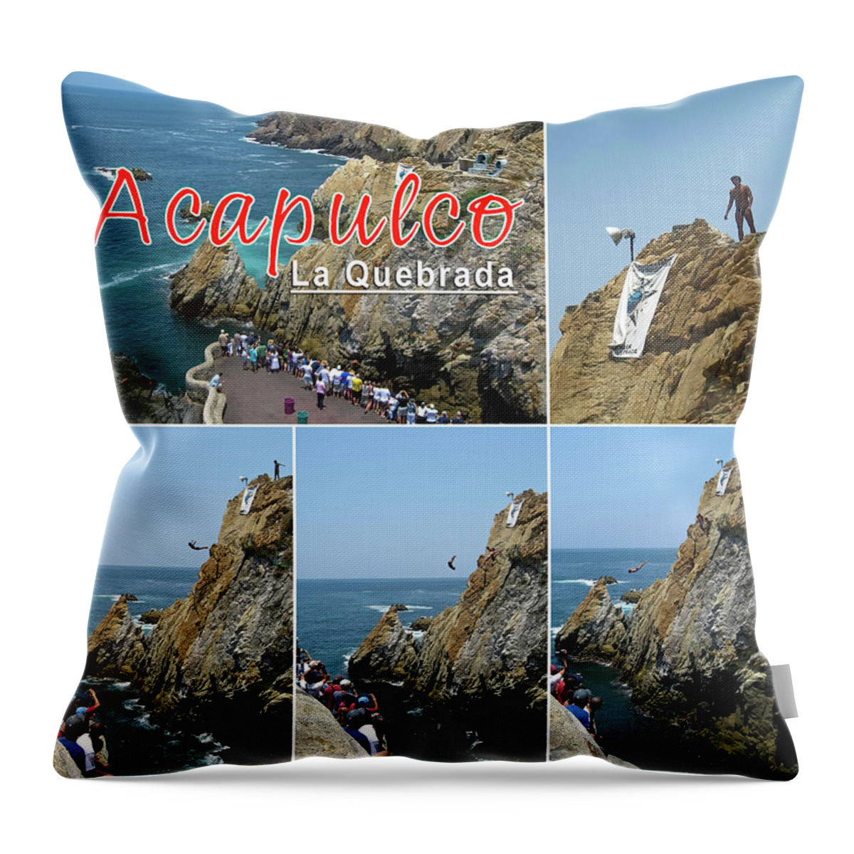 Acapulco Throw Pillow featuring the photograph La Quebrada cliff divers collage poster by Tatiana Travelways