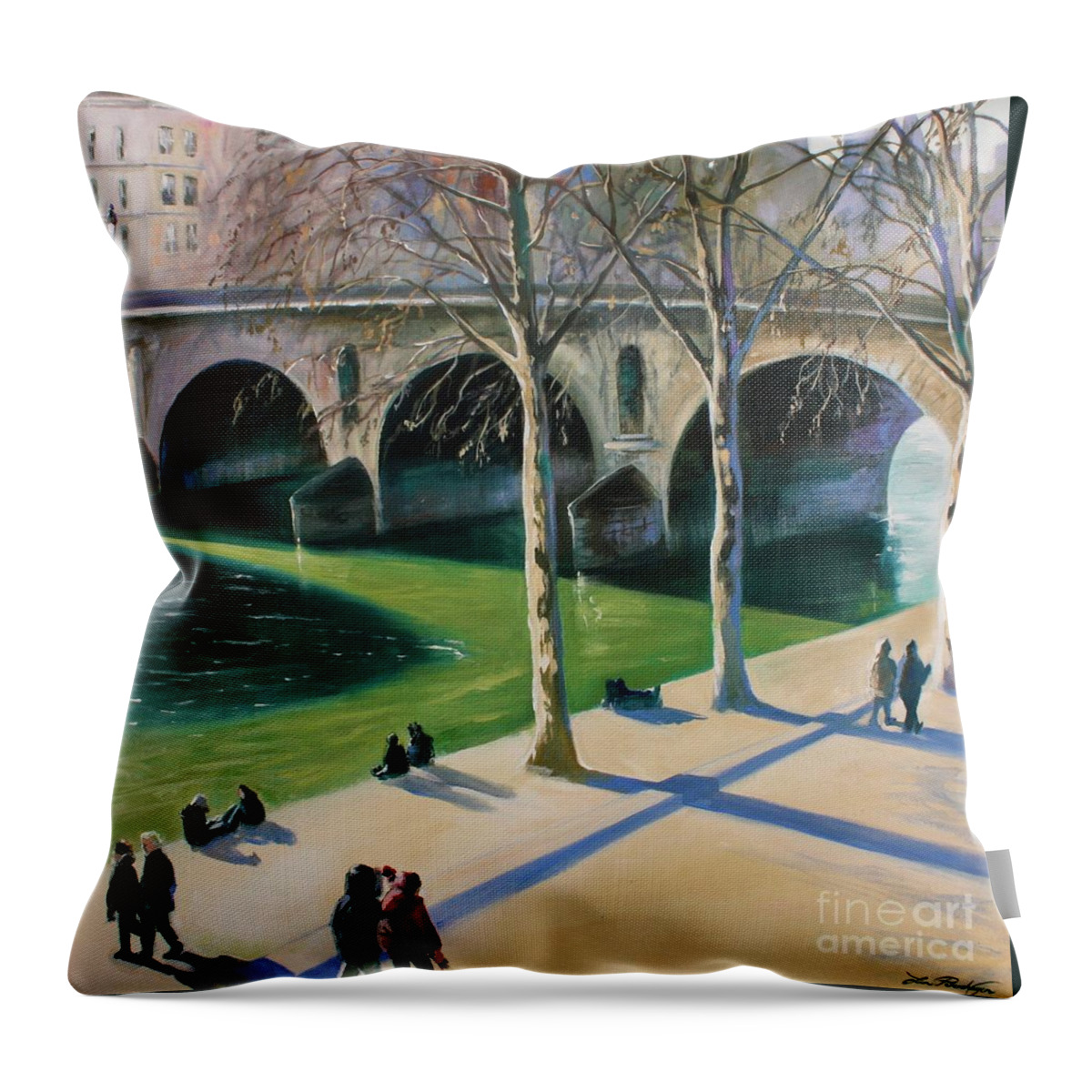 Lin Petershagen Throw Pillow featuring the painting La Seine a Paris by Lin Petershagen