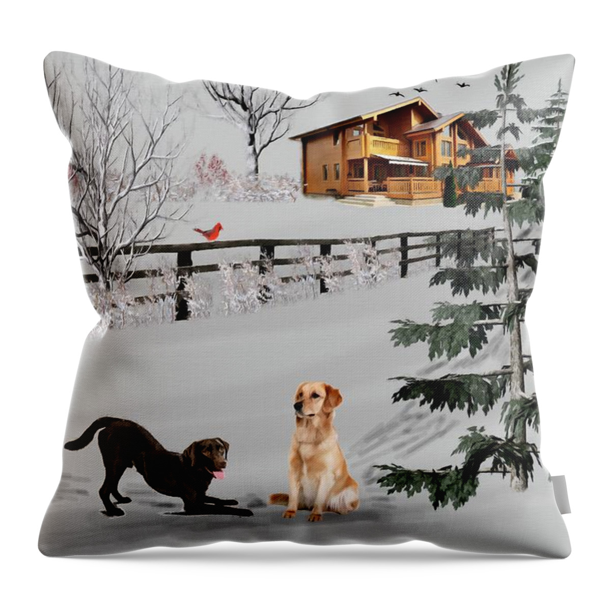 Labs Throw Pillow featuring the mixed media Labrador Retrievers Winter Snow Color by David Dehner