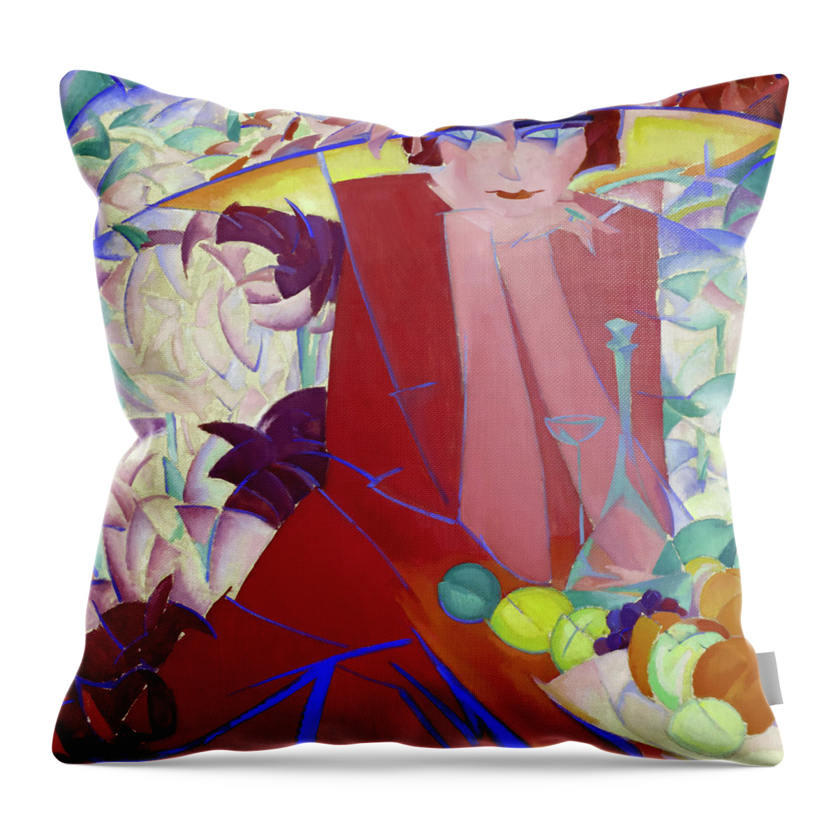 Leo Gestel Throw Pillow featuring the painting Lady with Large Hat in Summer House by Leo Gestel by Mango Art