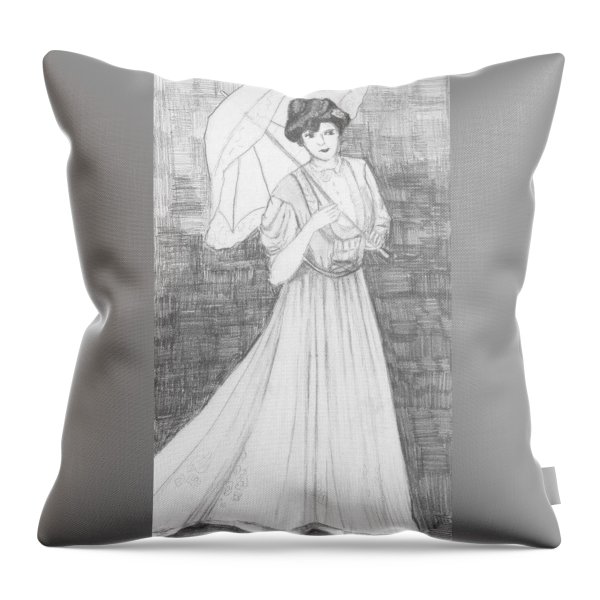  Throw Pillow featuring the drawing Lady with Parasol by Jam Art