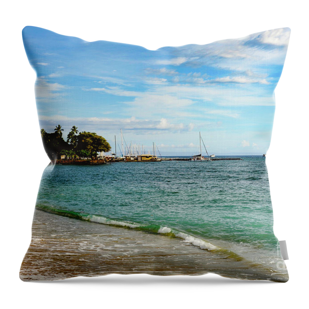 Maui Throw Pillow featuring the photograph Lahaina Yacht Harbor in the distance on the beach in front of the town of Lahaina, Maui, Hawaii. by Gunther Allen
