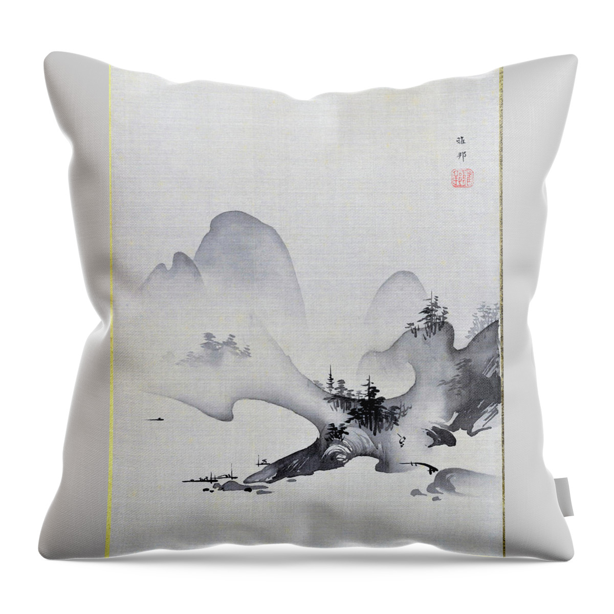Hashimoto Gaho Throw Pillow featuring the painting Lake and Mountains - Digital Remastered Edition by Hashimoto Gaho