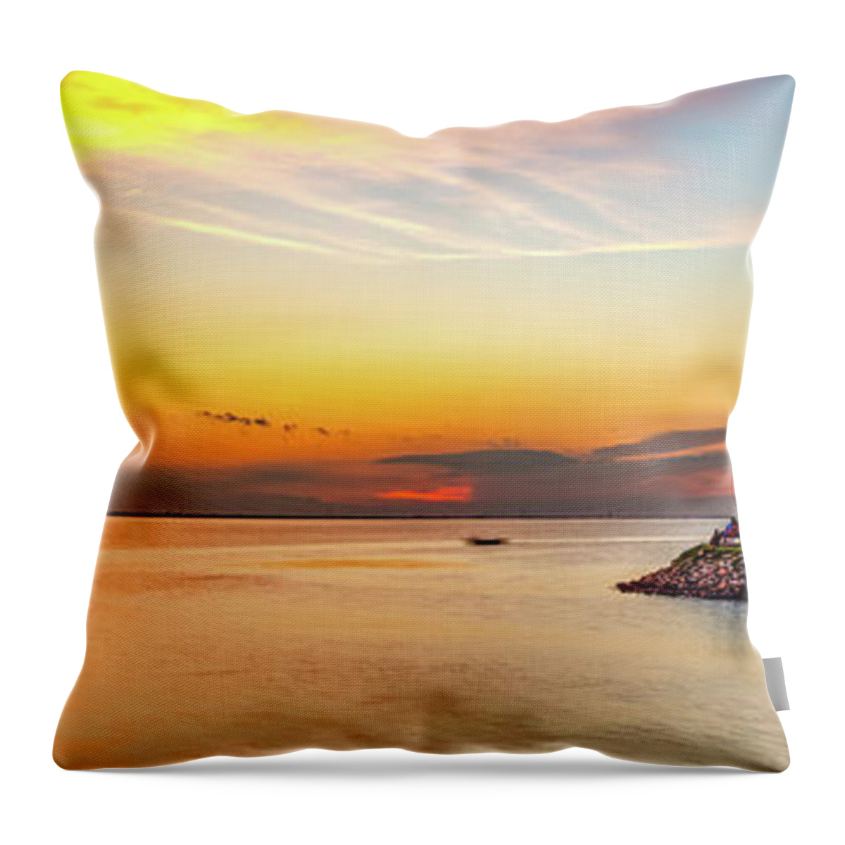 Oklahoma City Throw Pillow featuring the photograph Lake Hefner Lighthouse at East Wharf Panorama - Oklahoma City Sunset by Gregory Ballos
