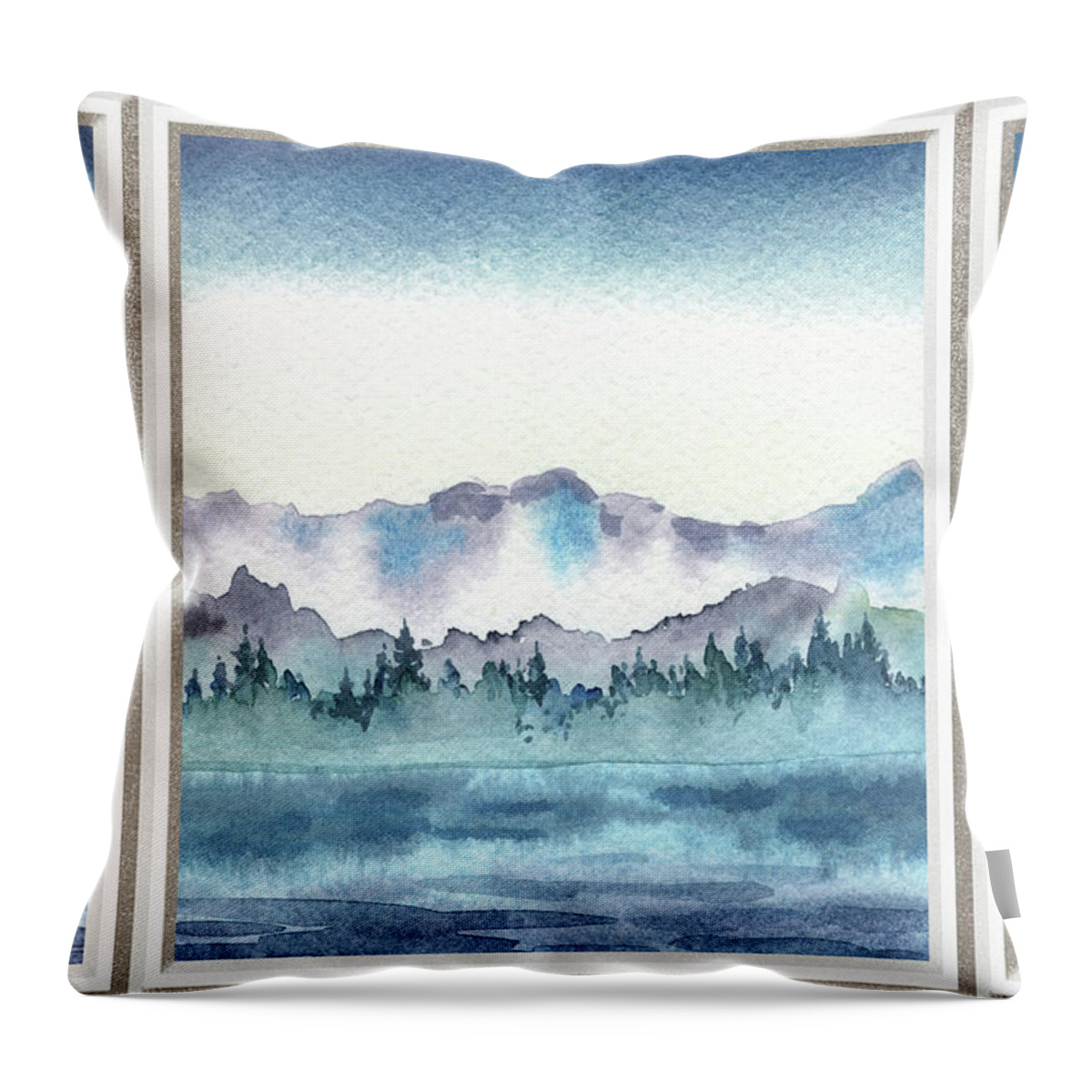 Window View Throw Pillow featuring the painting Lake House Window View Meditative Landscape With Calm Waters And Hills Watercolor V by Irina Sztukowski