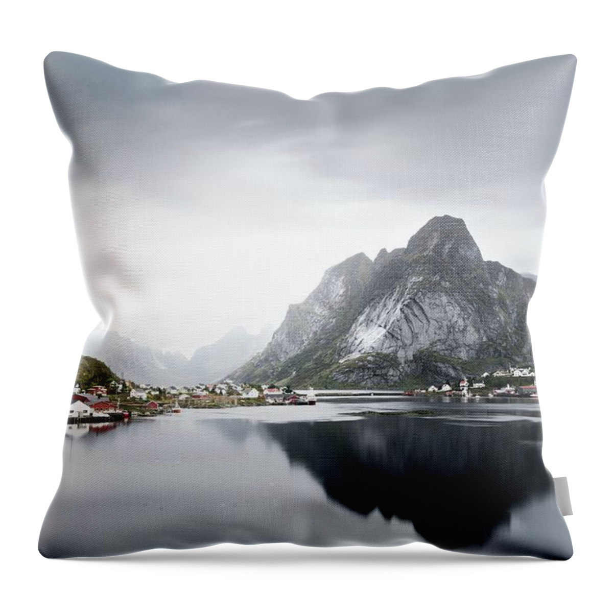 Reine Throw Pillow featuring the photograph lake surrounded by houses and mountains - Lofoten, Reine, Norway by Julien