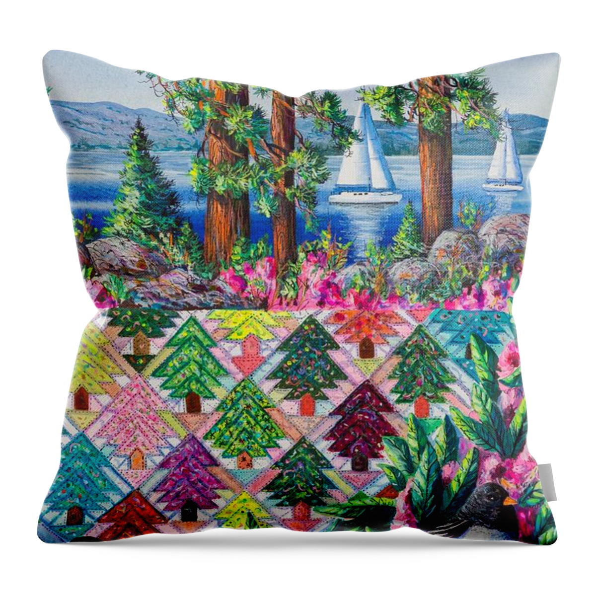 Lake Tahoe Throw Pillow featuring the painting Lake Tahoe Pines by Diane Phalen