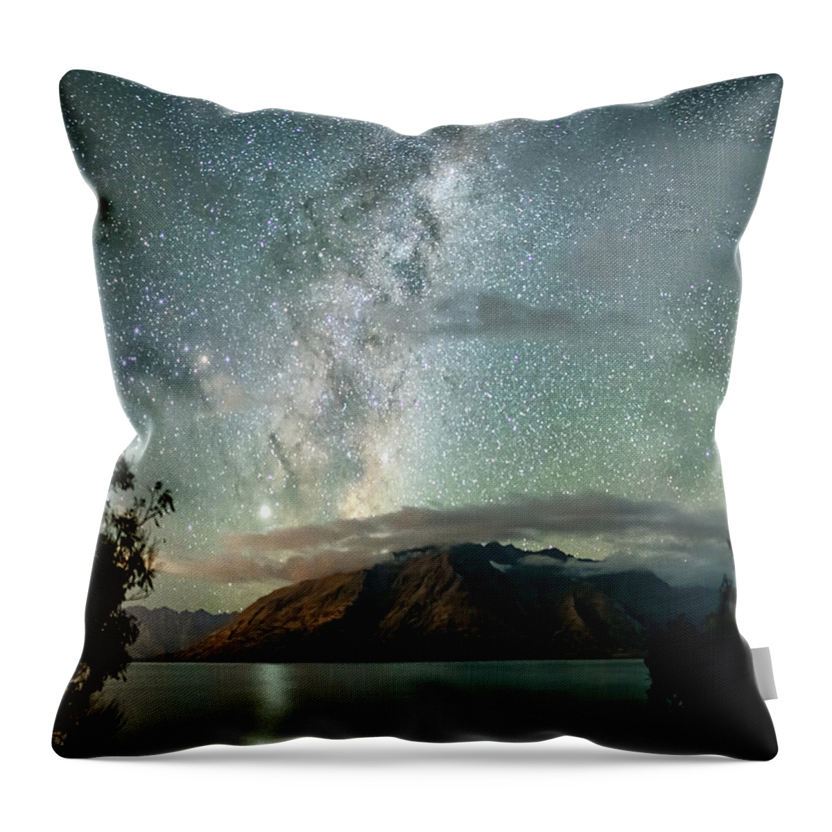 Nikon Z 7 Throw Pillow featuring the photograph Lake Te Anau Southern Hemisphere Night Sky NZ by Lena Owens - OLena Art Vibrant Palette Knife and Graphic Design