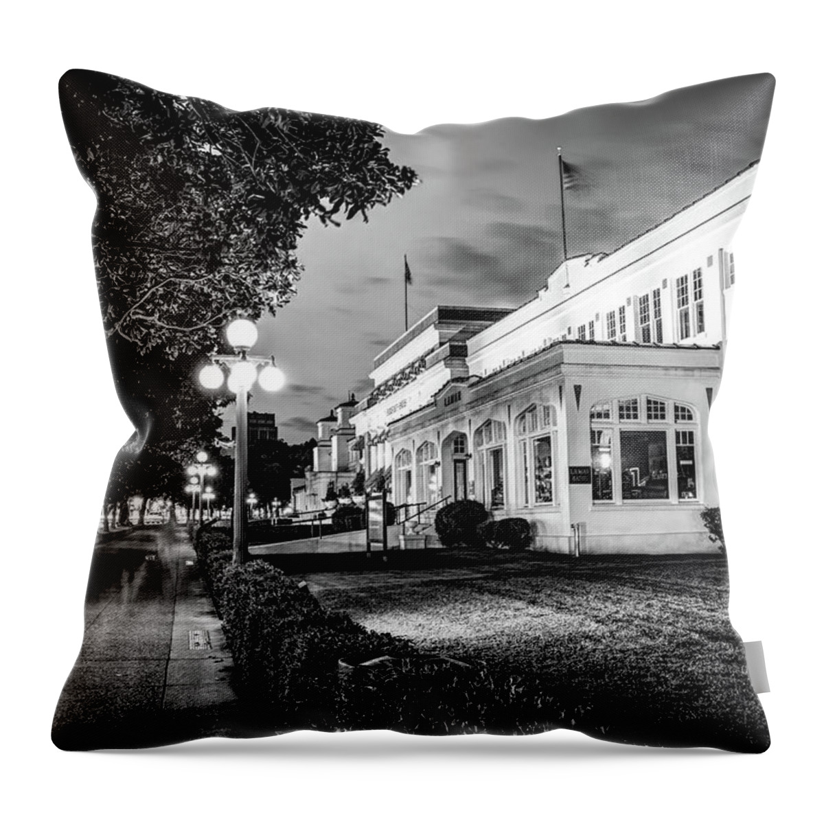 Hot Springs Throw Pillow featuring the photograph Lamar Bathhouse and Hot Springs Bathhouse Row at Dusk - Black and White by Gregory Ballos