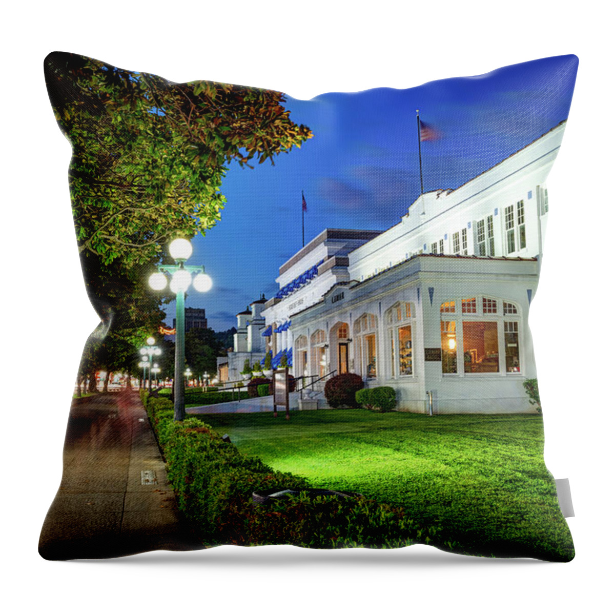 Hot Springs Throw Pillow featuring the photograph Lamar Bathhouse and Hot Springs Bathhouse Row at Dusk by Gregory Ballos