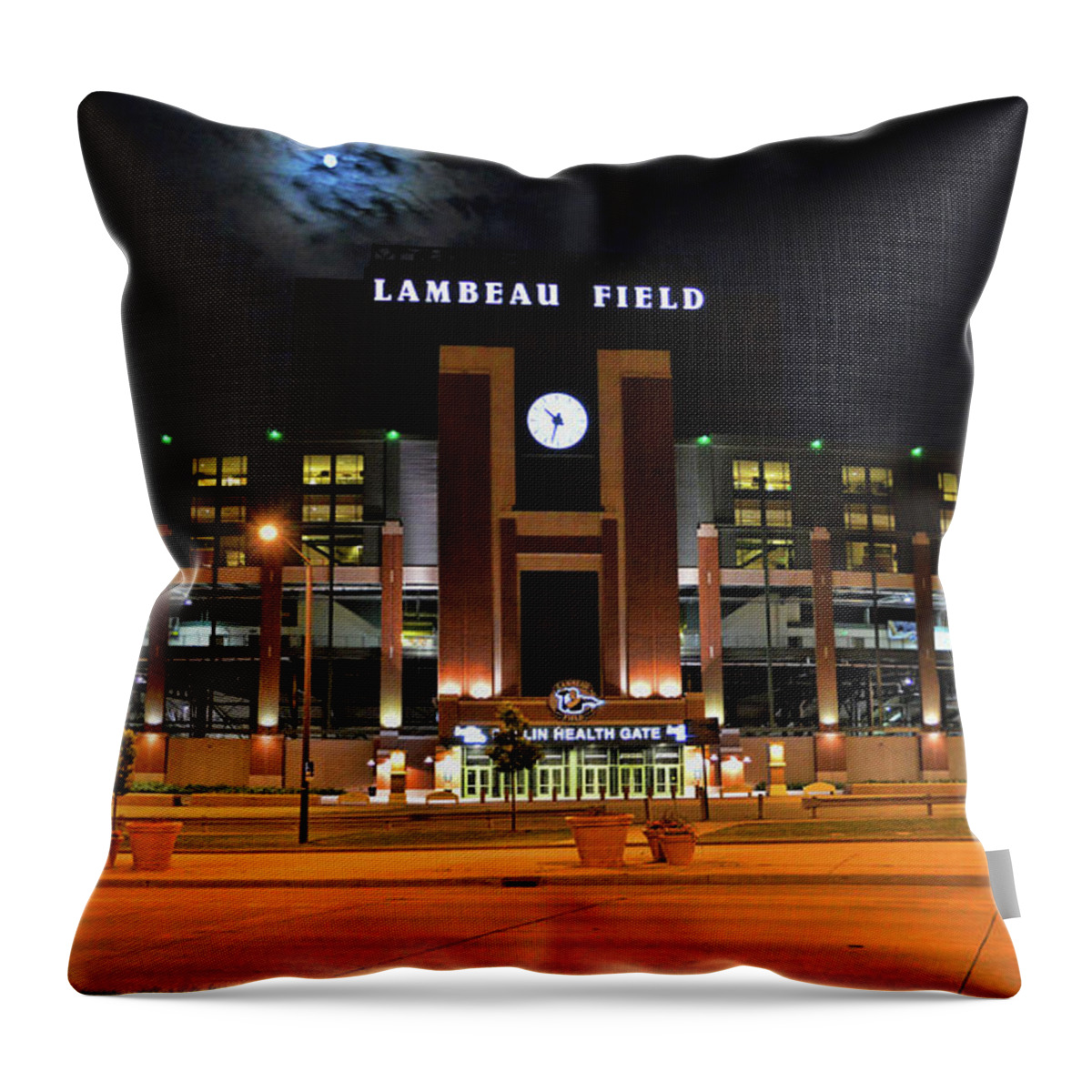 Title Town Throw Pillow featuring the photograph Lambeau Field at Night by Tommy Anderson