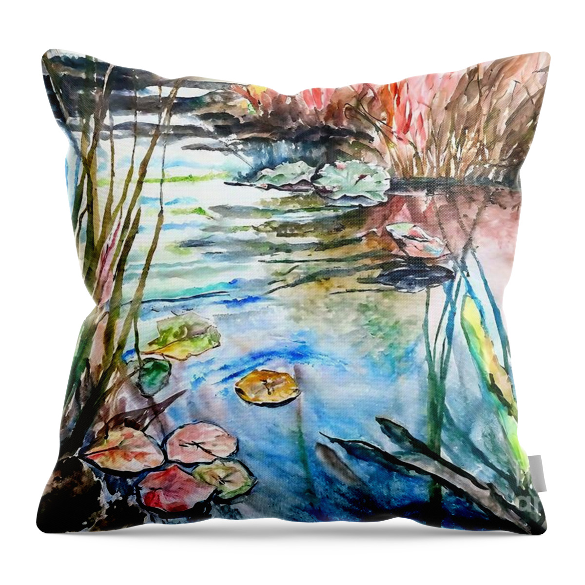 2019 Throw Pillow featuring the painting landscape 14 Painting 2019 watercolor aquarelle tony balak paper art background beautiful coast color colorful drawing etude evening evening sky green illustration lake landscape nature outdoor by N Akkash