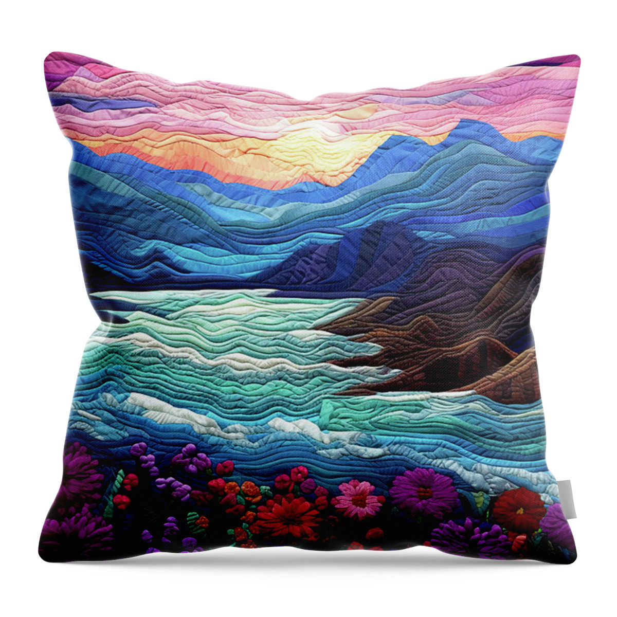 Landscapes Throw Pillow featuring the digital art Landscape at Sunset - Quilted Effect by Peggy Collins