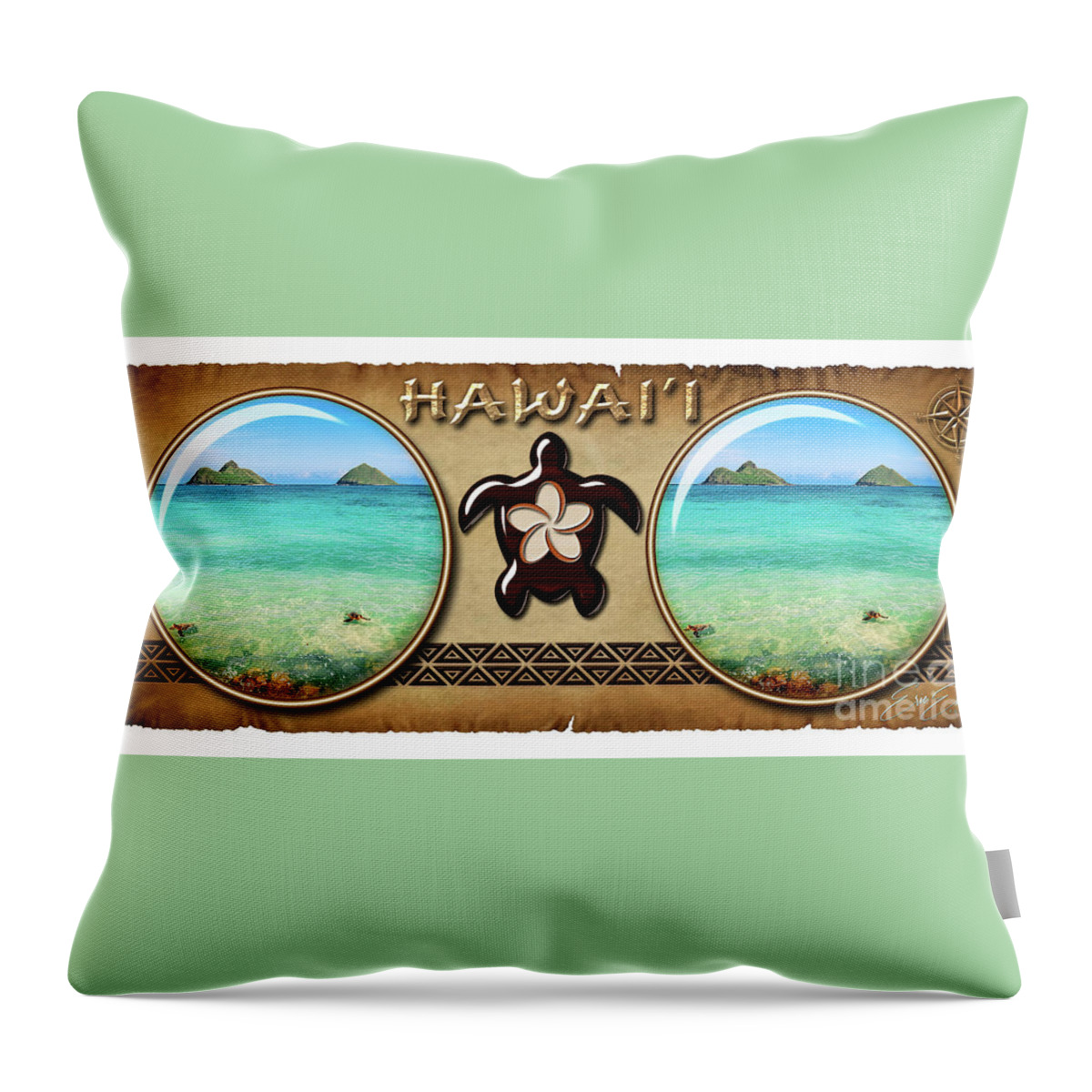 Hawaiian Coffee Mug Design Throw Pillow featuring the photograph Lanikai Beach Two Sea Turtles and Two Mokes Hawaiian Style Coffee Mug Design by Aloha Art