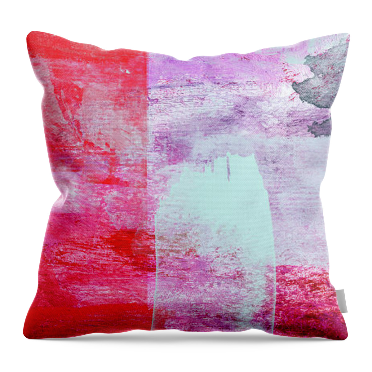Abstract Throw Pillow featuring the painting Large Red and Pastel Blue Vibrant Abstract Painting - Searching For Rain by Modern Abstract
