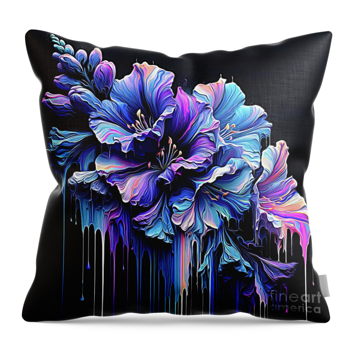 Larkspur Flower On Black With Paint Drip And Expressionist Effects Throw Pillow featuring the digital art Larkspur Flower on Black With Paint Drip and Expressionist Effects by Rose Santuci-Sofranko