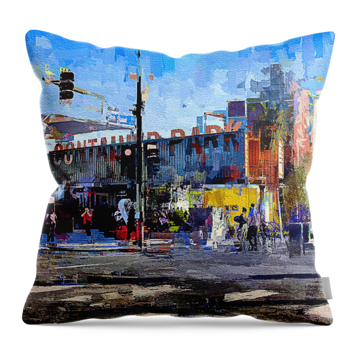 Las Vegas Throw Pillow featuring the mixed media Las Vegas Downtown Container Park - painting by Tatiana Travelways