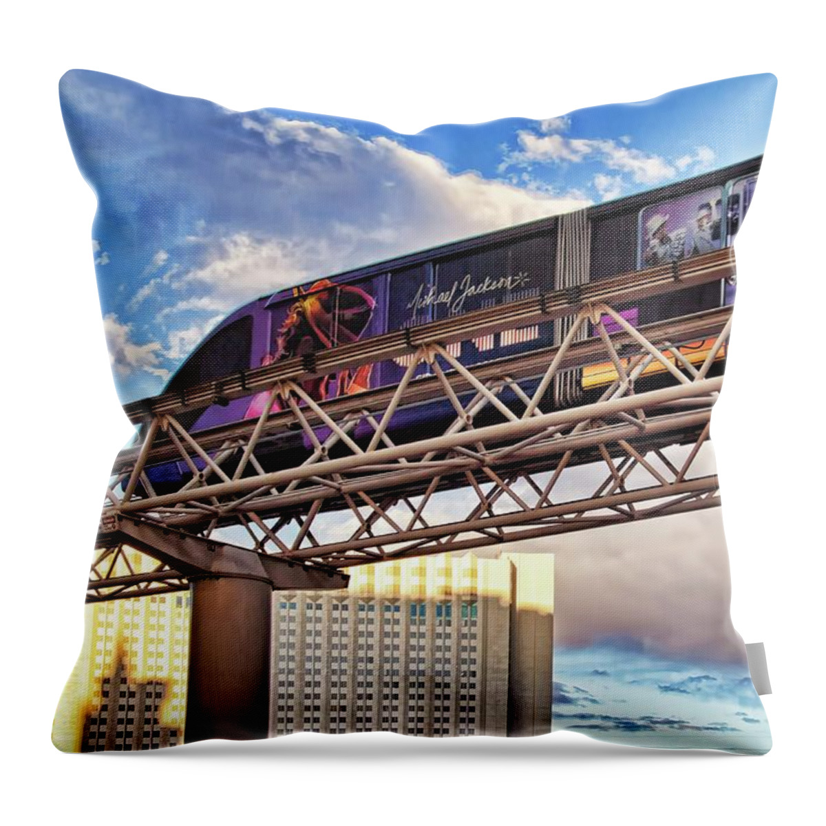 Las Vegas Monorail Throw Pillow featuring the photograph Las Vegas Monorail riding above the city by Tatiana Travelways