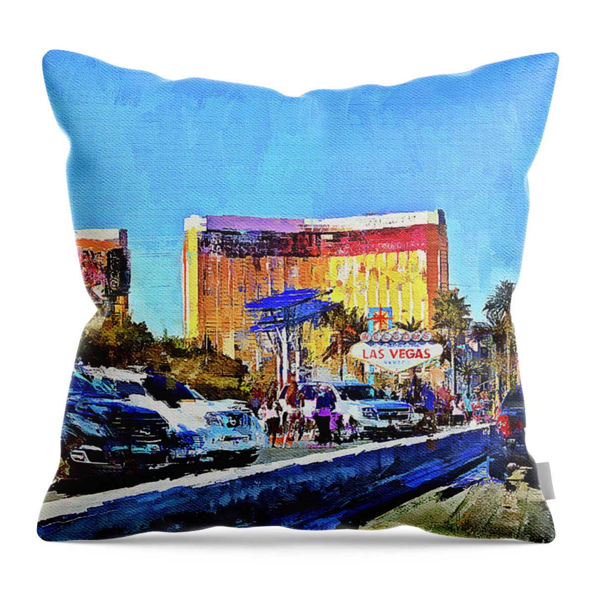 Las Vegas Welcome Sign Throw Pillow featuring the mixed media Las Vegas Welcome Sign on the Strip by Tatiana Travelways