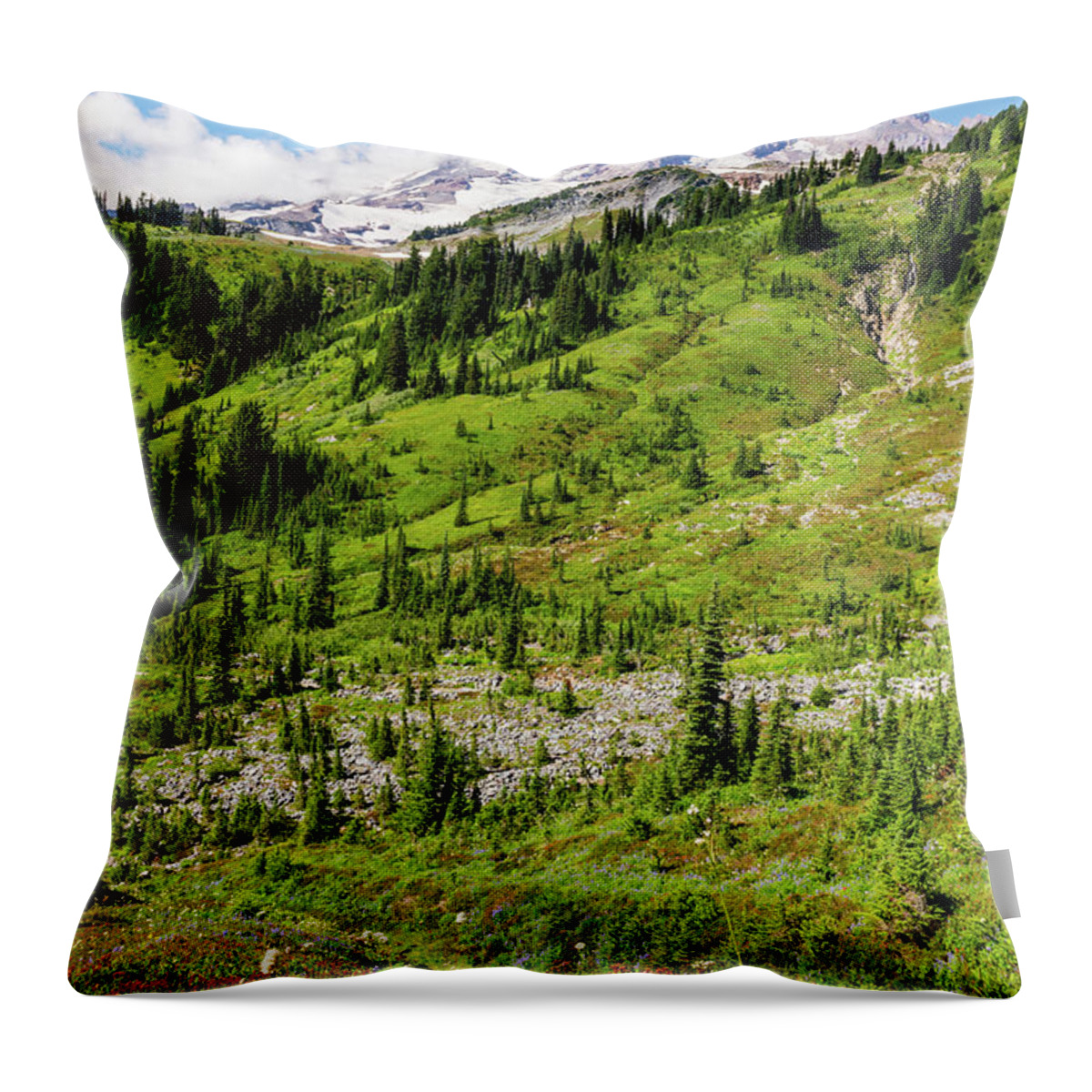 Outdoor; Skyline Trail; Summer; Mt Rainier; Mountains; Flowers; Throw Pillow featuring the digital art Late Summer Mt Rainier by Michael Lee